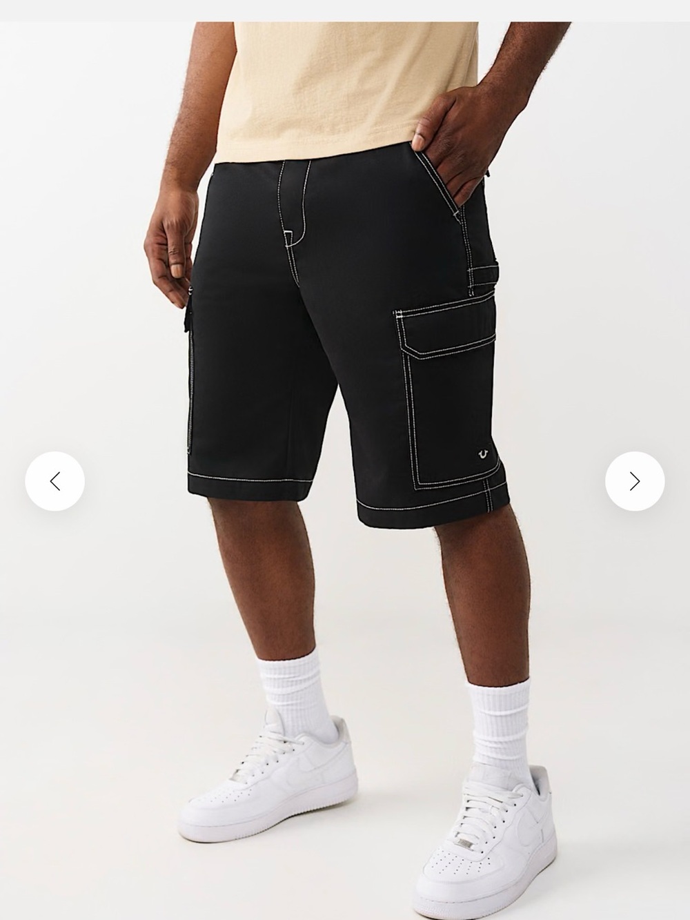 NWT True Religion Men’s Black Jean Shorts with White and Red Contrast.